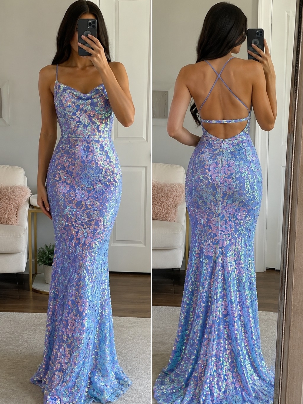 NWT Emerald Sundae Blue Iridescent Sequin Floral Open Back Prom Gown
Description